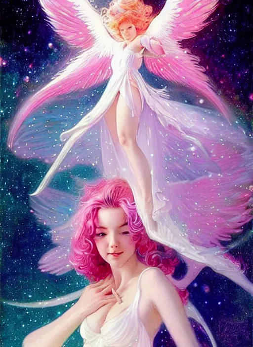 Image similar to closeup harmony of pink haired angel beautiful yoongi wearing white sparkly shiny greek clothes, muted colors, nebula background, neon sparkles everywhere, big wings, dynamic hair movement, + + + + + + dynamic pose, holographic space, glowing effect, j. c leyendecker, by alan lee, wlop! illustrated by starember, fantasy art by craig mullins