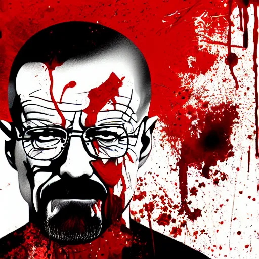 Prompt: an abstract blood splatter painting of walter white, hyperrealistic digital art