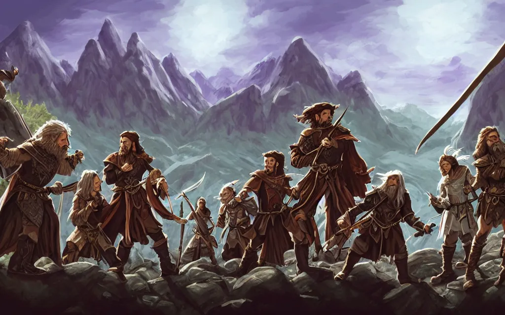 Image similar to DnD party with a wizard, knight, rogue, druid, bard, adventuring across vast rugged mountain range, long sightline, LOTR fantasy illustration