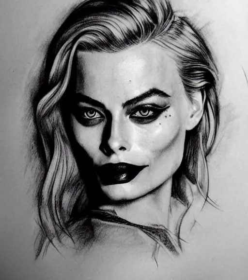 Image similar to tattoo design sketch of beautiful margot robbie portrait with joker makeup, in the style of den yakovlev, realistic face, faded, black and white, realism tattoo, hyper realistic, highly detailed, faded drawing