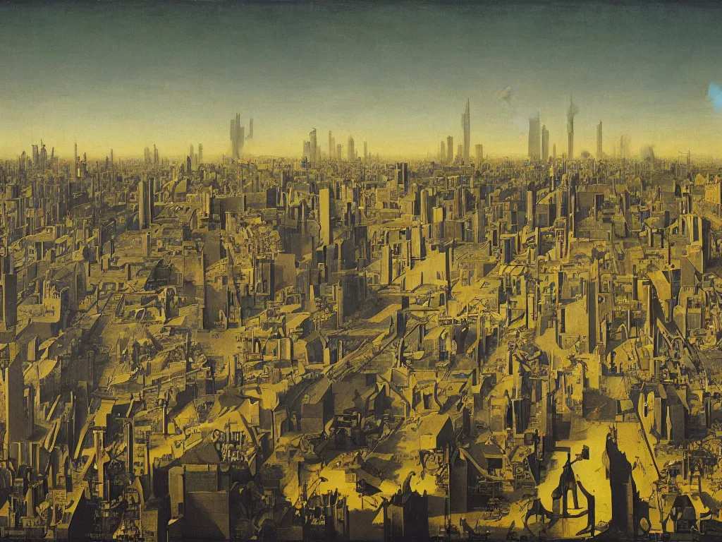 Image similar to albino mystic, looking brutalist metropolis, toxic, industrial with smoke in the distance. Painting by Jan van Eyck, Audubon, Rene Magritte, Agnes Pelton, Max Ernst, Walton Ford