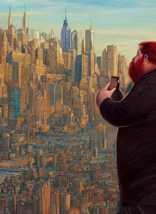 Prompt: a fat redheaded man with beard talking on a cell phone manhattan skyline in the background, intricate, elegant, highly detailed, centered, digital painting, artstation, concept art, smooth, sharp focus, illustration, art by james gurney and donato giancola and Joseph Christian Leyendecker