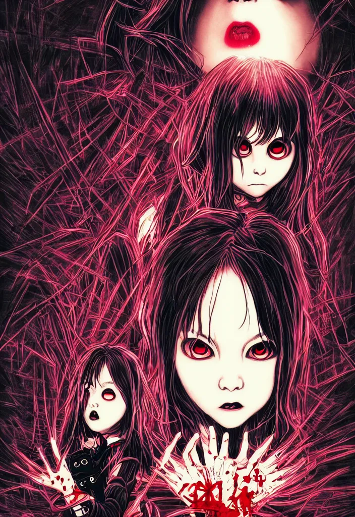 Prompt: a comic book style japanese horror poster of vampire girl with large eyes by dan mumford, yusuke murata and junji ito, blood lines, yokai, shinigami, eyes, shurikens, kanji, synthwave, 8k, unreal engine, trending on artstation, pixiv, intricate details, volumetric lighting