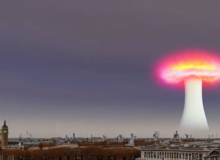 Prompt: nuclear mushroom cloud over london, 8 k, sharp detail, depth of field