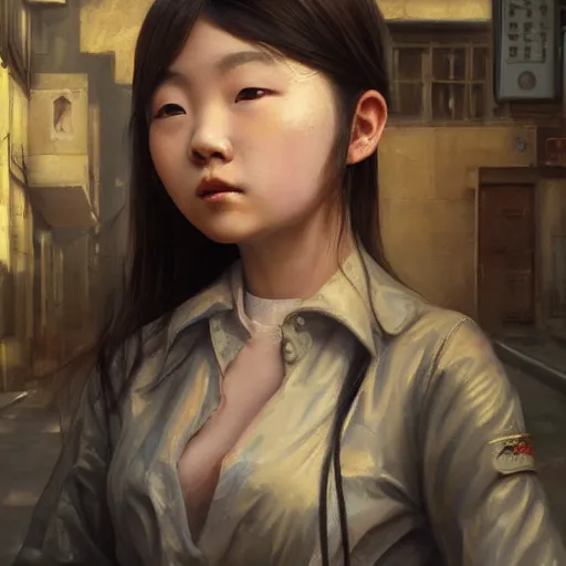 Image similar to a perfect, realistic professional oil painting in baroque style, of a Japanese schoolgirl posing in a dystopian alleyway, close-up, by a professional American senior artist on ArtStation, a high-quality hollywood-style concept