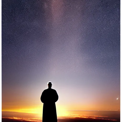 Image similar to An old and friendly looking catholic priest kneeled in prayer at the summit of a tall tower. The night sky is filled with a yellow shadow. 4K, photorealistic, dramatic lighting