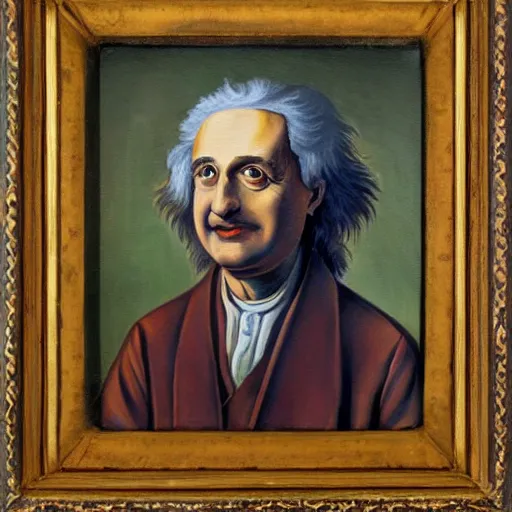 Image similar to oil painting portrait of the lovechild of Isaac Newton and Albert Einstein