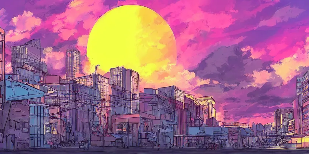 Prompt: a beautiful digital drawing of a bright sunset in a city, anime styled, digital painting, pink sky, clouds