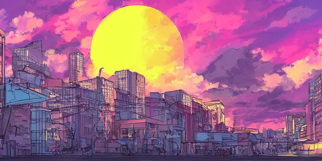 sunset from the city tower anime digital art illustration paint background  wallpaper ilustração do Stock