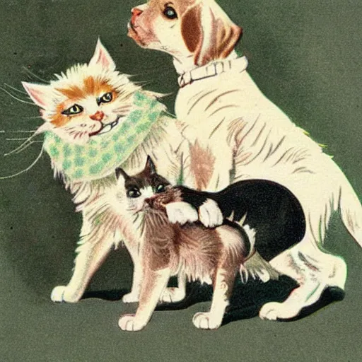 Prompt: cats and dogs, Vintage Magazine Illustration