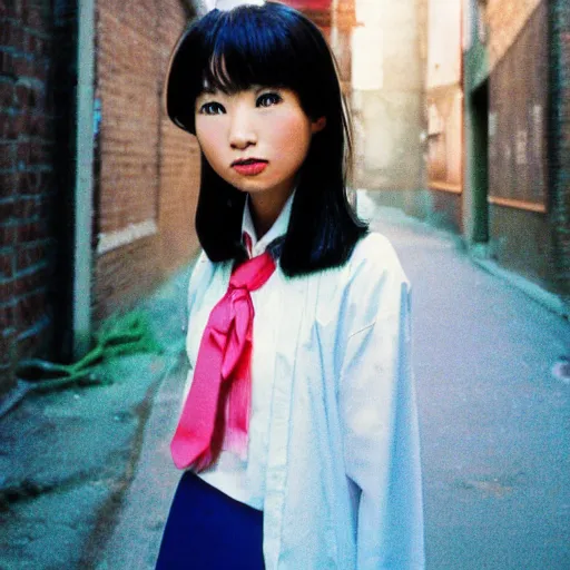 Prompt: 1990s perfect 8K HD professional photo of close-up japanese schoolgirl posing in sci-fi dystopian alleyway, at instagram, Behance, Adobe Lightroom, with instagram filters, depth of field, taken with polaroid kodak portra