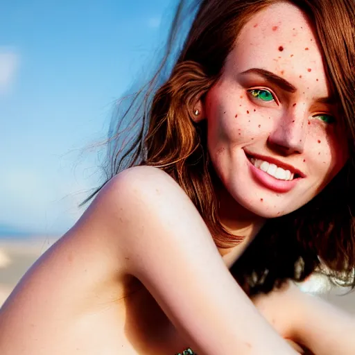 Image similar to portrait of a cute thin young woman, bronze brown hair, eye color is emerald green, red blush, cute freckles, smug smile, modern clothes, relaxing on the beach, golden hour, close up shot, 8 k, art by irakli nadar, hyperrealism, hyperdetailed, ultra realistic