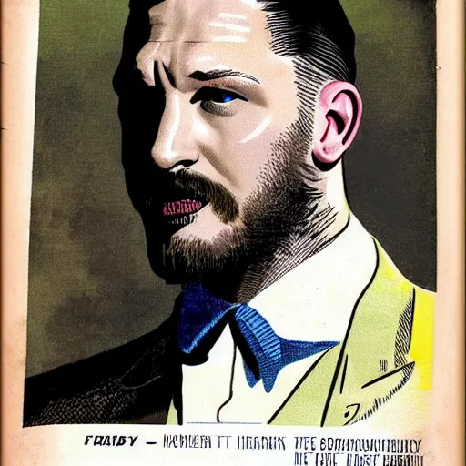 Image similar to “Tom Hardy portrait, color vintage magazine illustration 1950”