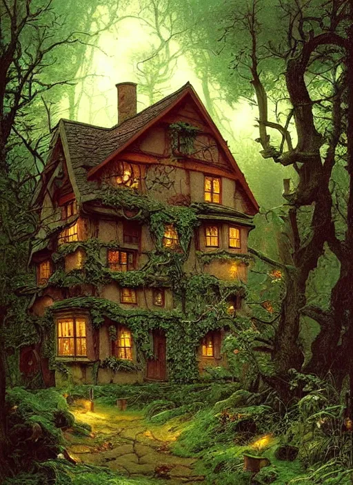 Image similar to hyper realistic homely witch cottage rococo in the woods gorgeous lighting, highly detailed, lush forest painting by norman rockwell, james gurney zdzisław beksinski and norman rockwell and greg rutkowskiweta studio