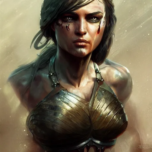 Image similar to proud muscular female turkish warrior, portrait by Cedric Peyravernay, highly detailed, excellent composition, cinematic concept art, dramatic lighting, trending on ArtStation