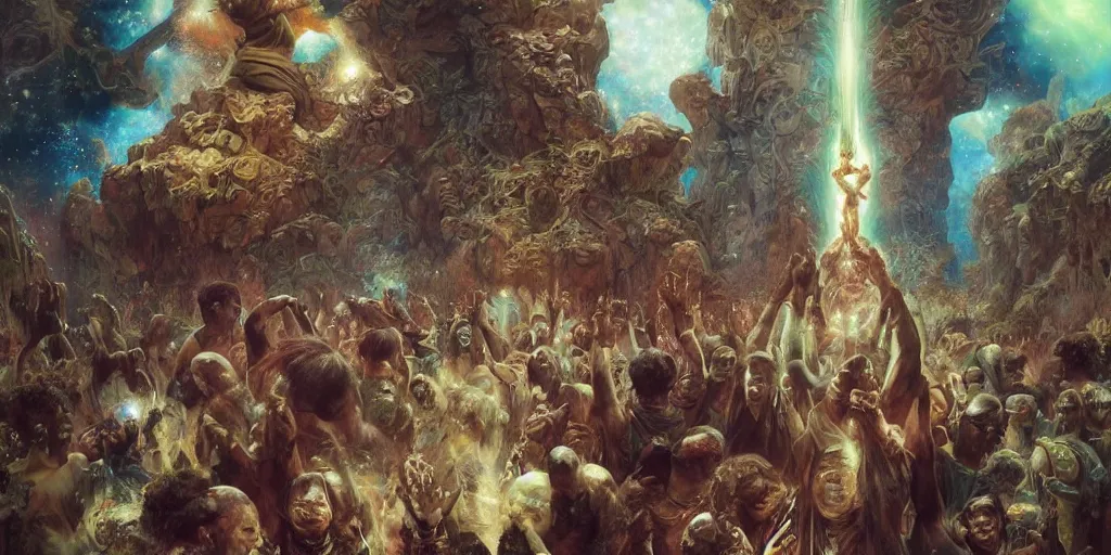 Prompt: supernova, stone jungles, people praying with hands up to the sky, stars, painted by steve mccurry, ruan jia, raymond swanland, lawrence alma tadema, zdzislaw beksinski, norman rockwell, jack kirby, tom lovell, alex malveda, greg staples