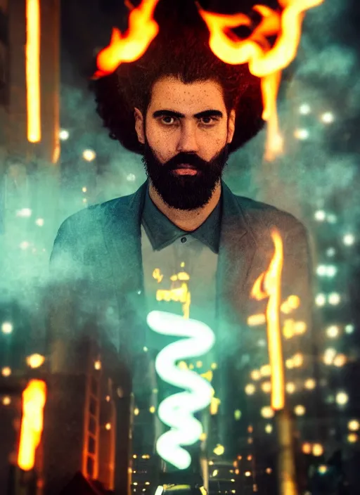 Image similar to Man with fire flames facial hair, light atmosphere, neon, cinematic shot, intricate, ornate, photorealistic, ultra detailed, realistic, 100mm, photography, octane, high definition, depth of field, bokeh, 8k, artstation