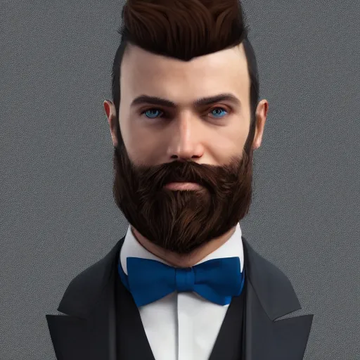 Image similar to a highly detailed portrait of a man, with a brown short beard and hair, blue eyes, wearing a tuxedo, artstation, deviantart, professional, unreal engine 5, photorealistic