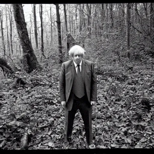 Image similar to found footage of boris johnson lost in the forest, last known photo, 1980s, eerie