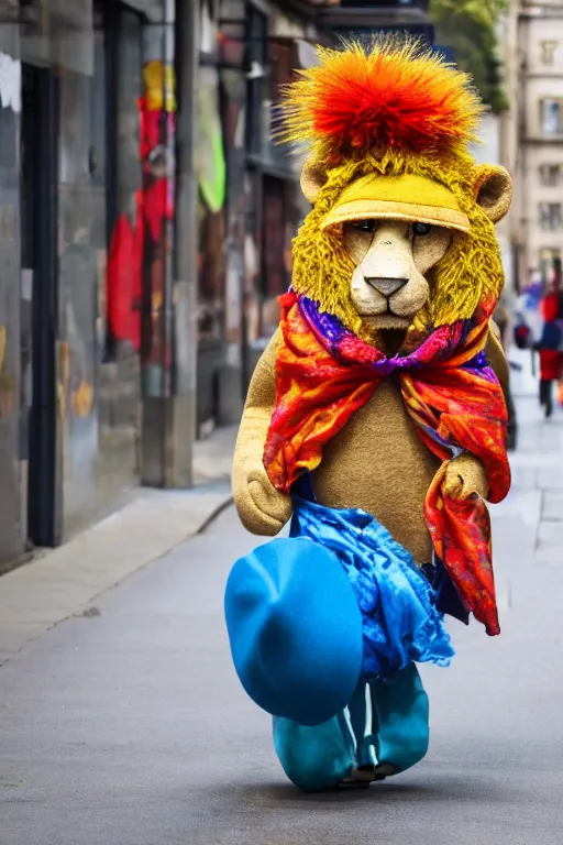 Image similar to An anthro anthropomorphic lion wearing a brightly coloured hat and silk scarf, proudly walking down the street, happy, joyful, in the style of Arthur Thiele