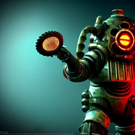 Image similar to isaac clarke as a bioshock big daddy, unreal engine 5, bioshock deadspace, high detail 3 d render,