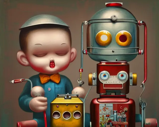 Image similar to closeup profile portrait of a 1 9 5 0 s tin toy robot factory, nicoletta ceccoli, mark ryden, lostfish, max fleischer, hyper realistic, artstation, illustration, digital paint, matte paint, vivid colors, bright, cheerful, detailed and intricate environment