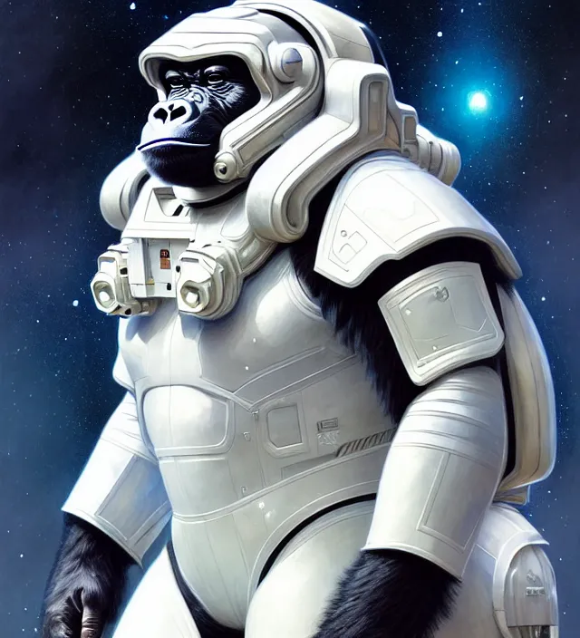 Image similar to a highly detailed science-fiction character portrait of a serious gorilla wearing a white armored space suit, intricate, wild, digital painting, artstation, concept art, smooth, sharp focus, illustration, art by artgerm and greg rutkowski and alphonse mucha, Art Nouveau