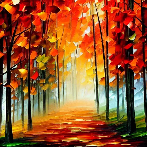 Image similar to beautiful leonid afremov painting of a foggy forest path on a lovely autumn day. trending on artstation 8k hq