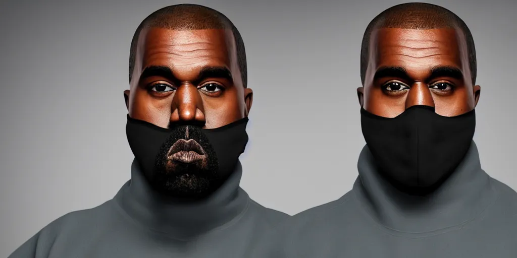 Prompt: kanye west wearing a full face - covering black mask, a small, tight, children size reflective baby blue puffer jacket made of nylon, gray jeans pants and big black rubber boots in 3 d, blender, octane render, 3 d render, realistic, unreal engine, studio light, 4 k, 8 k