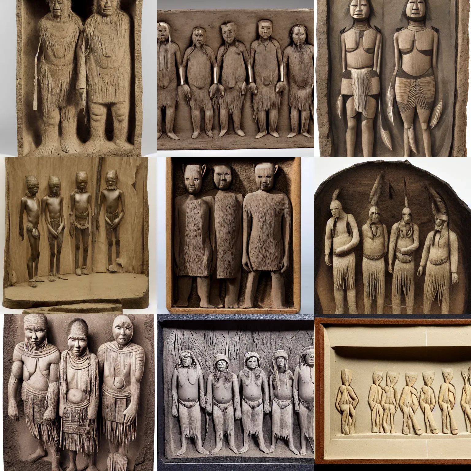 Prompt: a carved diorama of a selk ´ nam people, engraving by bauhaus, sharp focus, tone