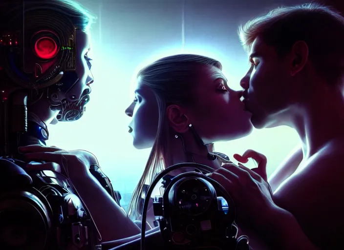 Prompt: ultra realistic medium shot of a couple of cyborgs kissing, lovers, cyberpunk, sci - fi, kodak, faces, colour led, soft light, volumetric lighting, fog, rays, night, intricate detailed, digital painting, concept art, smooth, sharp focus, illustration, art by artgerm and greg rutkowski and alphonse mucha