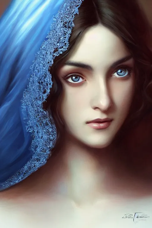 Prompt: ameera al taweel, bright blue eyes, long wavy black hair, white veil, front closeup, cinnamon #b57e59 skin color, highly detailed, centered, oil painting, artstation, concept art by tom bagshaw