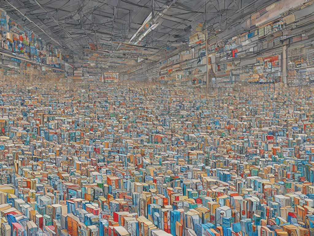 Image similar to a contemoprary painting of a warehouse with huge shelves in which stacks of paper are stored by james jean, trending on artstation, graffiti by digitaldoes