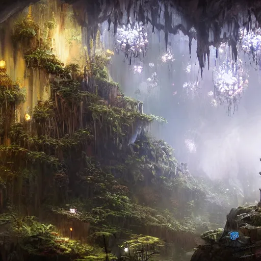 Image similar to biocomputer heart and white biocomputer flowers and biomechanical flowers in a cave forest, intricate environment, matte painting, diffused lighting, highly detailed cinematic, epic composition, highly detailed, atmospheric, wide angle, artstation trending