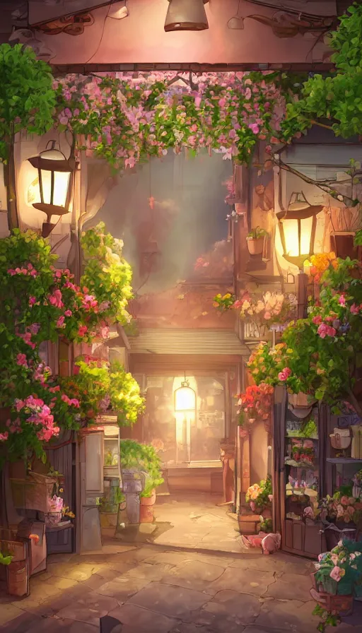 Image similar to a little flower shop's front gate, nostalgic, fresh digital illustrati on, dramatic lighting, pixiv