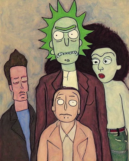 Prompt: portrait of rick and morty by egon schiele in the style of greg rutkowski