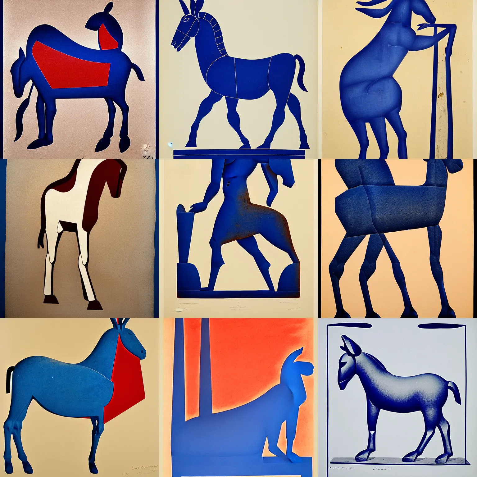 Prompt: lithograph of donkey in cycladic sculptural style, side view, silhouette, monumental, full body, solid colors, duotone, iconic, stylized, ultramarine blue and red iron oxide