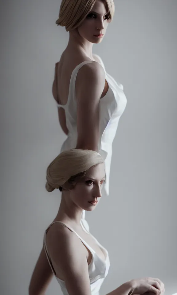 Image similar to photo of gorgeous seductive tall emily skinner cosplaying annie leonhart wearing elegant white dress, wearing open toe heels, in a white room, beautiful face, pale skin, rule of thirds, cinematic lighting, sharp focus, backlit, stunning, smooth, hard focus, full body shot, studio photo, shot on sony a 7 iii