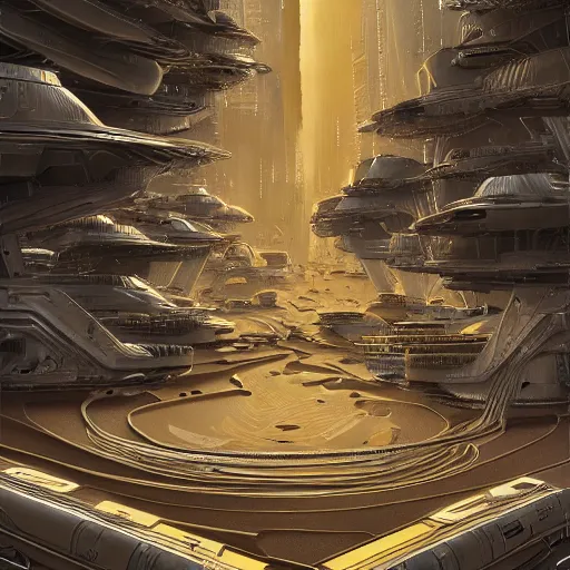 Prompt: gold and silver tones, cybernetic village on the outskirts of the universe, style of moebius, james jean, rutkowski, cinematic, high detail, award winning, 8 k photorealistic