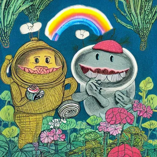 Image similar to highly detailed illustration of friendly monsters laughing and dancing around beautiful warm cups of coffee, amongst coffee beans and flowers, and rainbows in the style of Japanese illustration, Maurice Sendak, Tove Jansson