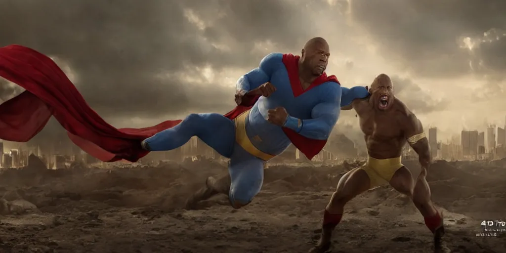 Image similar to kevin hart beating up the dwayne johnson in a superman costume, masterpiece, highly detailed, high quality, 4 k, anatomically correct, hyperrealistic, concept art, octane render, unreal engine 5, trending on artstation, trending on deviantart, matte, historical painting, fantasy style, path traced, high coherence, soft lighting, digital painting, mythical