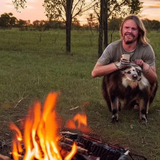 Prompt: photo of hillbilly with long blonde hair and his australian shepherd around a bonfire, symmetric face