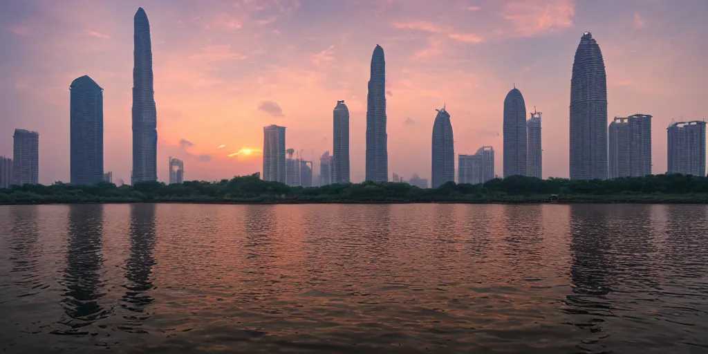 Prompt: guangzhou tower, under water, sunset