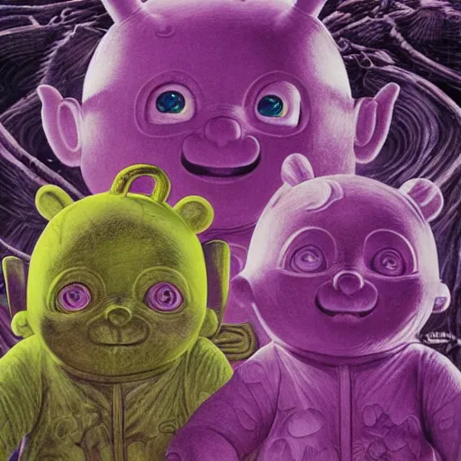 Prompt: detailed realistic illustration of teletubbies, in the style of h r giger and moebius and wayne barlowe