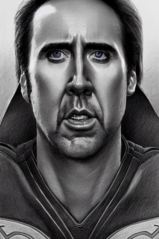 Prompt: portrait of nicolas cage as superman looking away from the camera, intricate, hyperrealistic, extremely detailed pencil drawing by simon stalenhag and greg rutkowski, artstation