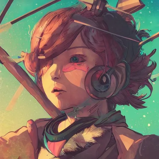 Prompt: close up, pose pointing with an arrow bow and screaming!!, a grungy cyberpunk anime, very cute, by super ss, curly pink hair, night sky by wlop, james jean, victo ngai, highly detailed