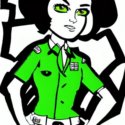 Prompt: brunette woman, short hair, flipped out hair, bright green eyes, black fascist uniform, smirk, cartoon style