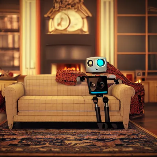 Image similar to Lonely and depressed robot sitting on a couch in front of a large fireplace in a Victorian home in the future. octane render, extremely detailed, 10000K color temperature cinematic lighting, 8k, lens flare, cinematic movie photograph, closeup portrait, trending on artstation, cgsociety, award-winning art, by Simon Stalenhag.