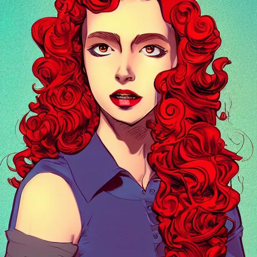 Image similar to a beautiful full body portrait of a woman with curly red hair in the style of comic book art, trending on artstation