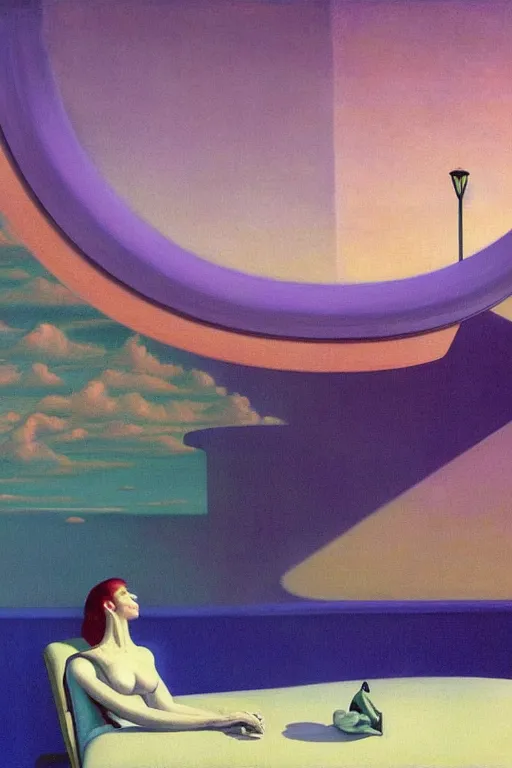 Image similar to liminal vaporwave surrealism dreams, painted by Edward Hopper, painted by salvador dali, painted by moebius, airbrush